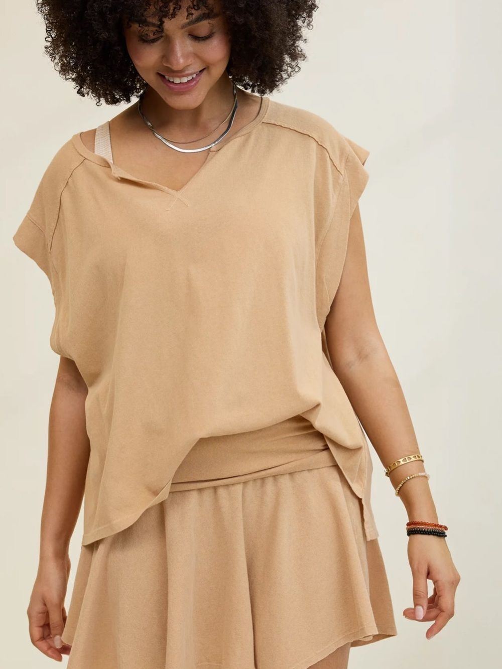 Aerie Summer Breeze Notch Neck T-Shirt Tan Beige Oversized Relaxed Top XL